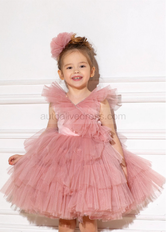 Beaded V Neck Blush Tulle Ruffle Flower Girl Dress